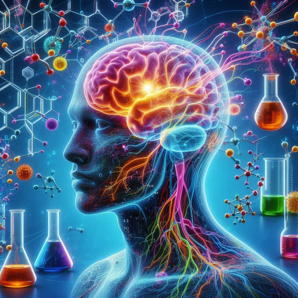 Ilustración de un cerebro humano iluminado con conexiones neuronales y elementos químicos, representando la intersección entre la neurociencia y la química.