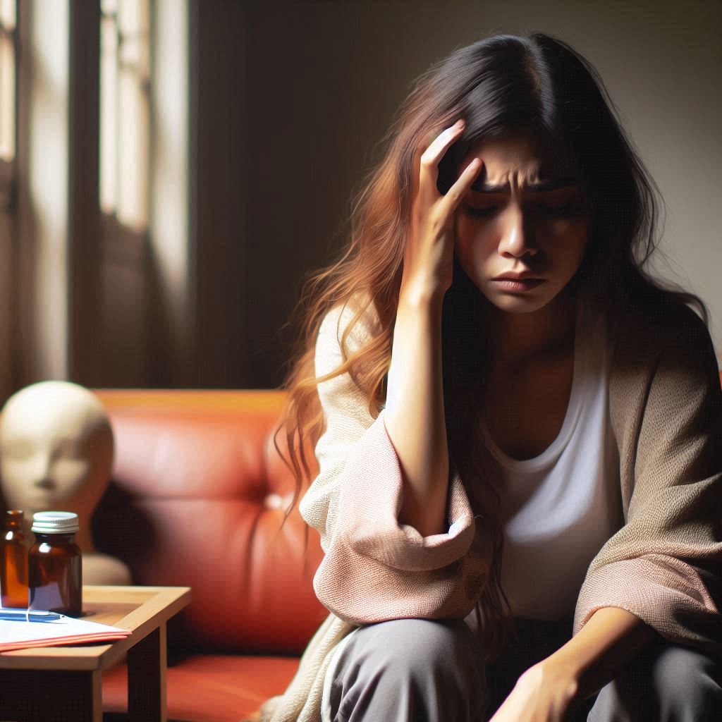 Mujer joven sentada en un sofá con la mano en la cabeza, expresando dolor y tristeza en una habitación tenue, con frascos de medicación sobre una mesa cercana.